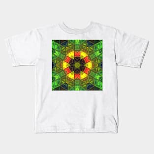 Mosaic Kaleidoscope Flower Green Yellow and Orange Kids T-Shirt